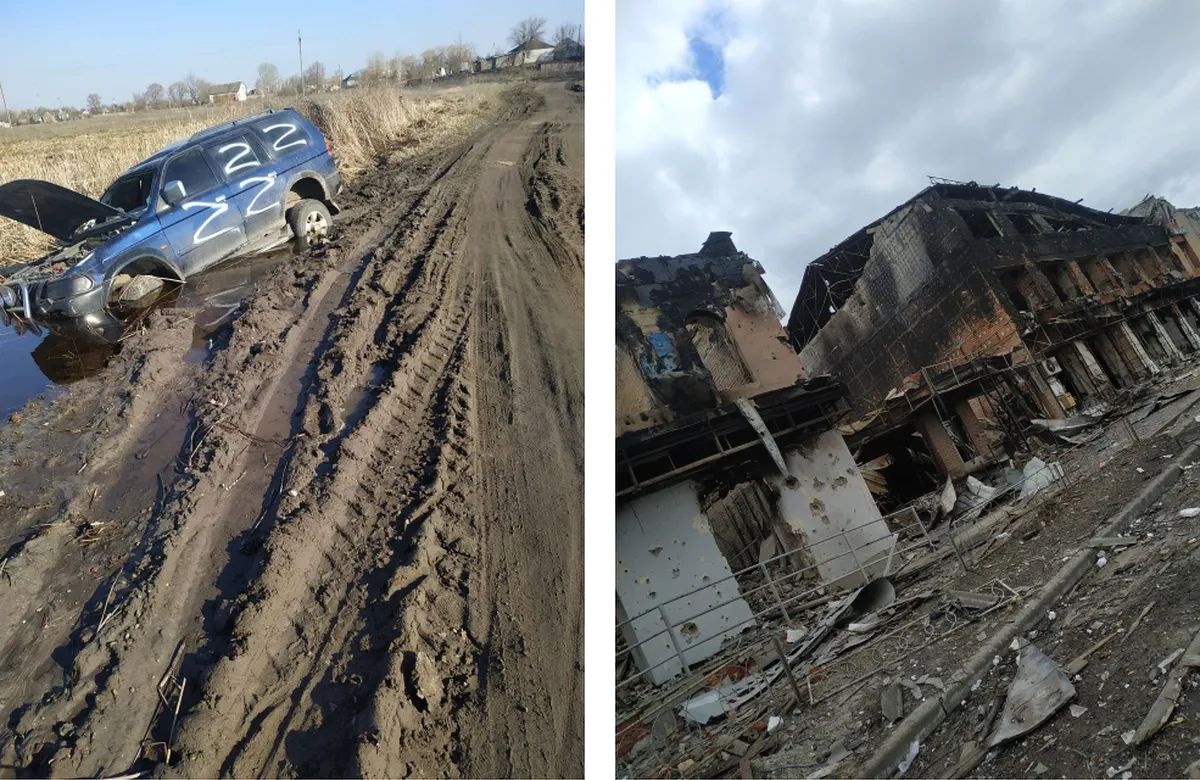 Слева: российские военные забирали машины у местных жителей, использовали и бросали. 
Справа: центр города после обстрелов, в одном из таких домов погиб одноклассник Дениса