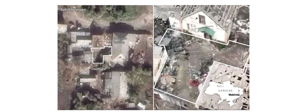 Спутниковый снимок фермы в Макеевке (слева) и кадр видео с дрона. Скриншот с сайта New York Times