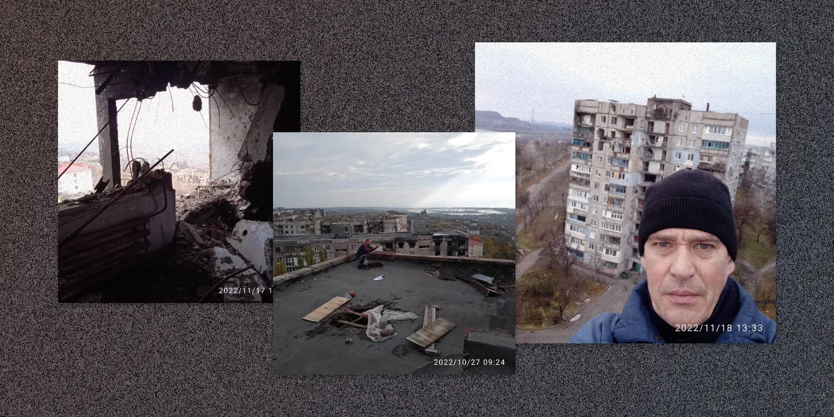 Андрей Зондер и его разрушенный обстрелами дом 