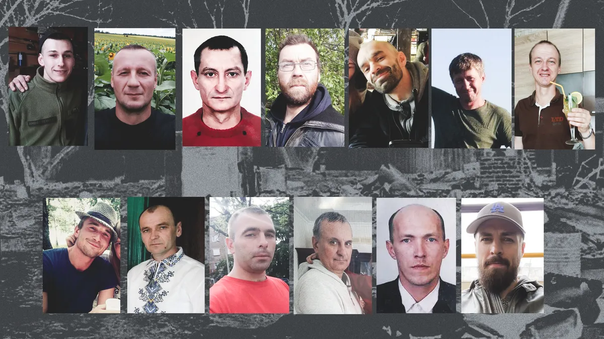 They were found killed in Andriivka. From left to right, upper row: Anton Ishchenko, Ihor Savran, Volodymyr Pozharnykov, Ruslan Yaremchuk, Yevhen Stepanyuk, Yuriy Kravchenya, Andrii Rudenko; lower row: Vadym Hanyuk, Vitaliy Kybukevych, Oleksiy Cherkovskyy, Ihor Yermakov, Ivan Rybitskiy, Yevhen Piskotyn (a volunteer shot near Andriivka)