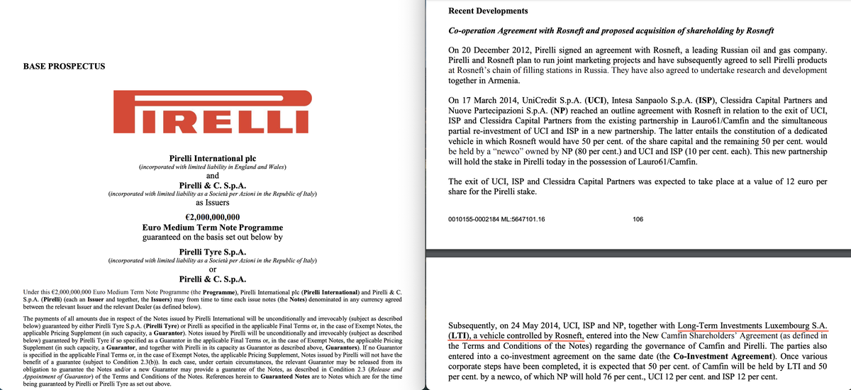 Базовый проспект эмиссии Pirelli: компания «контролируемая „Роснефтью“ » названа покупателем доли в Pirelli.
