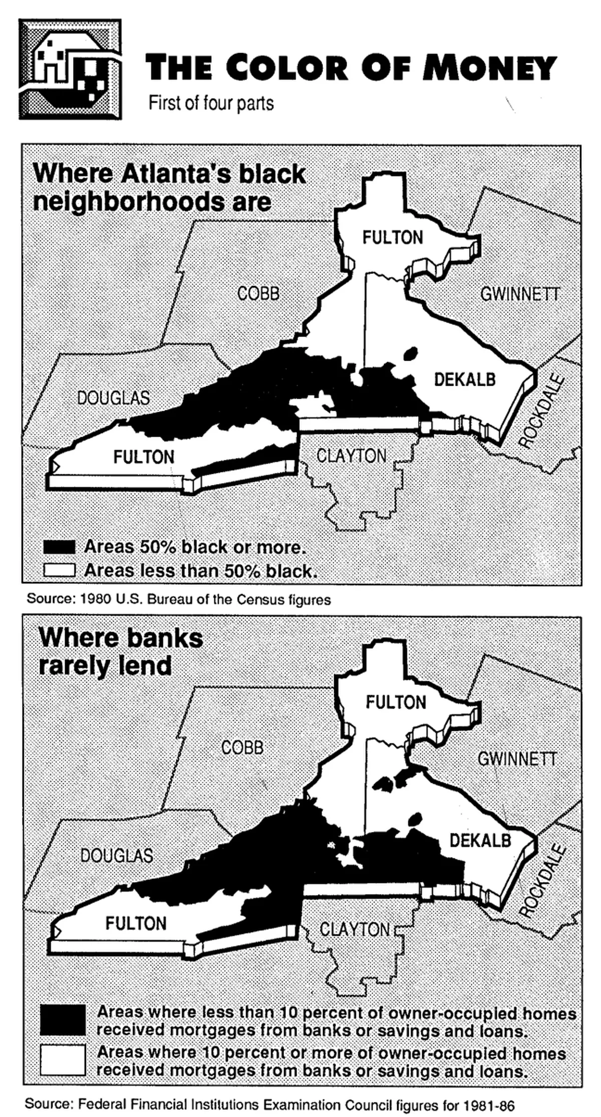 Инфографика из расследования Билла Дедмена «Цвет денег» (1988) о том, как банки не выдают кредиты темнокожим американцам даже с хорошими доходами