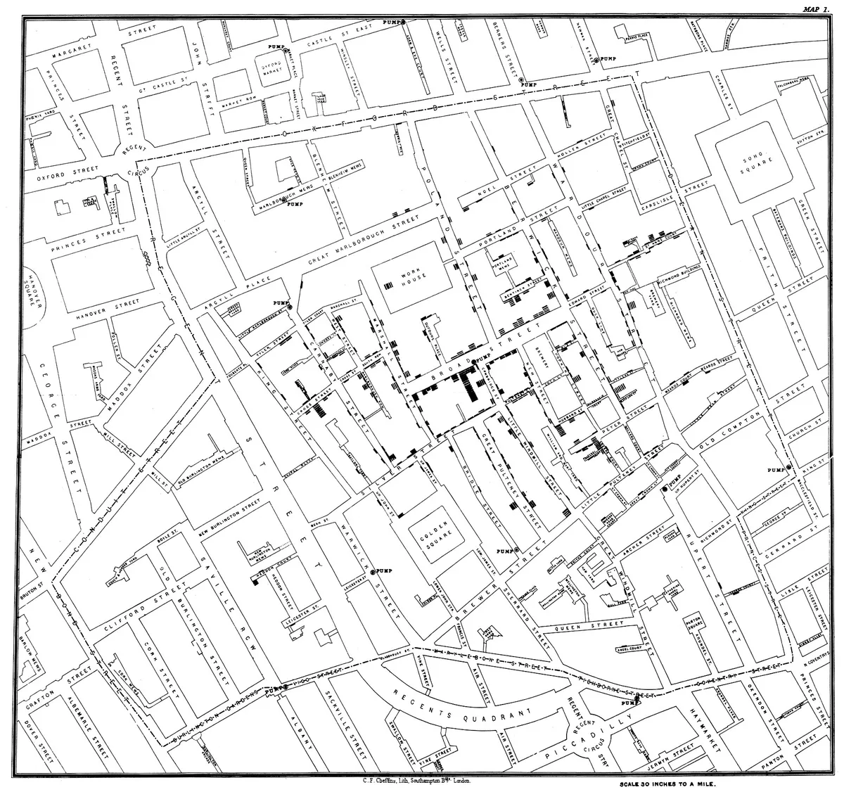 Карта распространения холеры в Лондоне врача Джона Сноу, 1854. Черным отмечены случаи заболевания. Эта карта позволила понять, что холера передается не воздушным путем, как думали раньше, а фекально-оральным путем через водопроводную систему, потому что случаи заболевания сосредоточились вокруг одной колонки для подачи воды