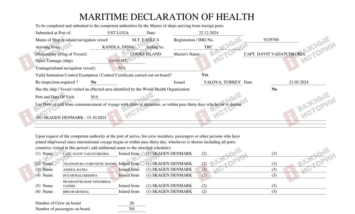 Eagle S maritime declaration of health completed on the last call at Ust-Luga