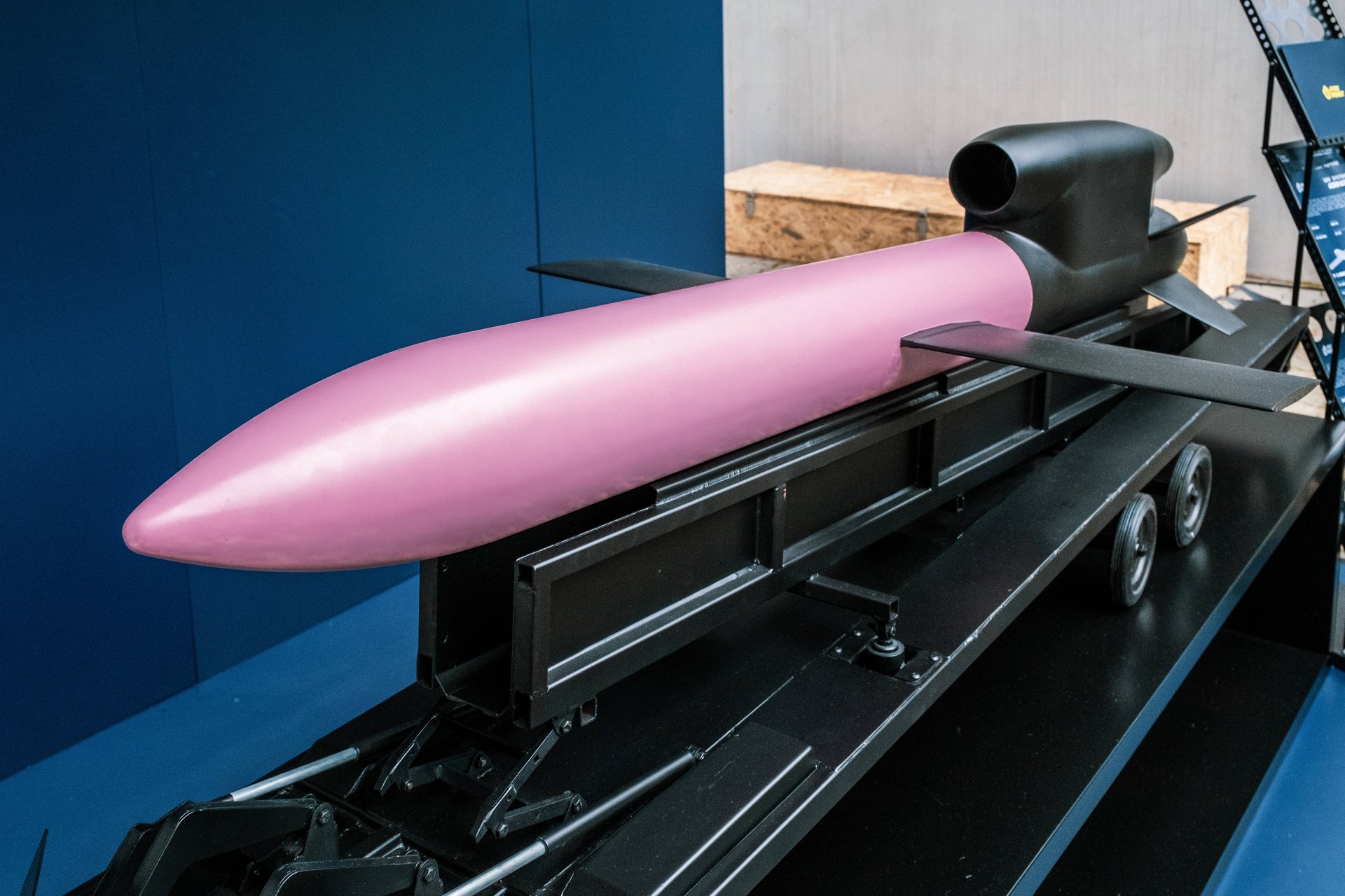 Первые образцы «Фламинго» покрасили в розовый цвет — отсюда и название. На фото: уменьшенный макет ракеты и пусковой установки