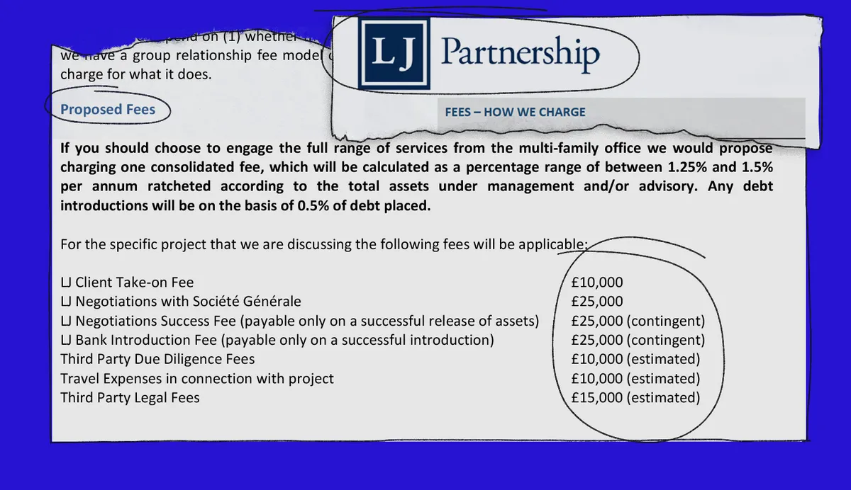 A list of fees provided by LJ Partnership to Viktorov and Markov, including £25,000 ($35,000) for “successful release of assets” frozen due to sanctions
