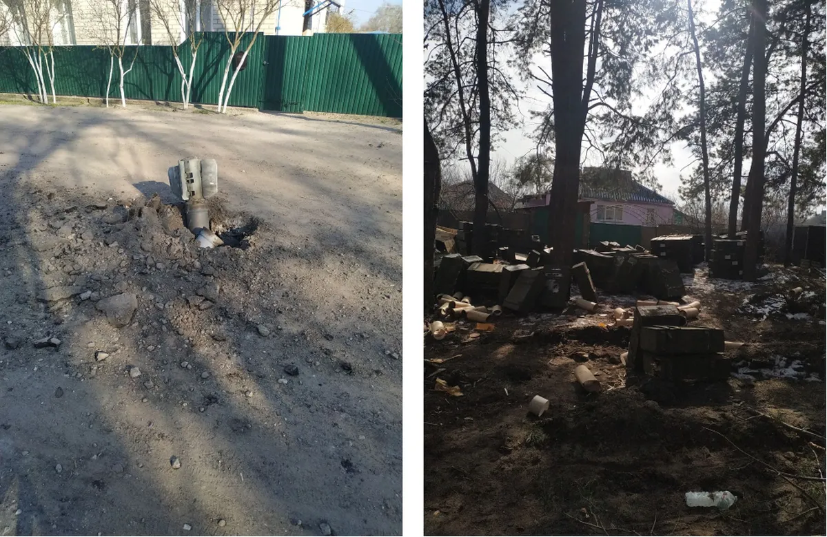 Слева: снаряд прилетел рядом с домом Дениса.
Справа: российские военные оставили боеприпасы на территории двора, который занимали во время оккупации
