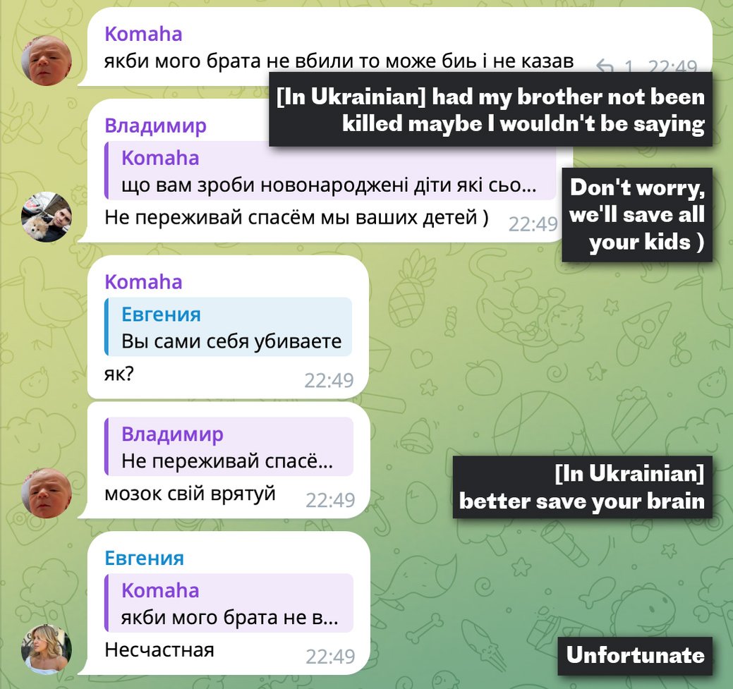 Following the Russian aerial attack that injured at least 22 people, including two children, in Kyiv on December 27, 2025, a user joined the chat on the “*** SMO Snuff” channel and asked the participants questions in Ukrainian