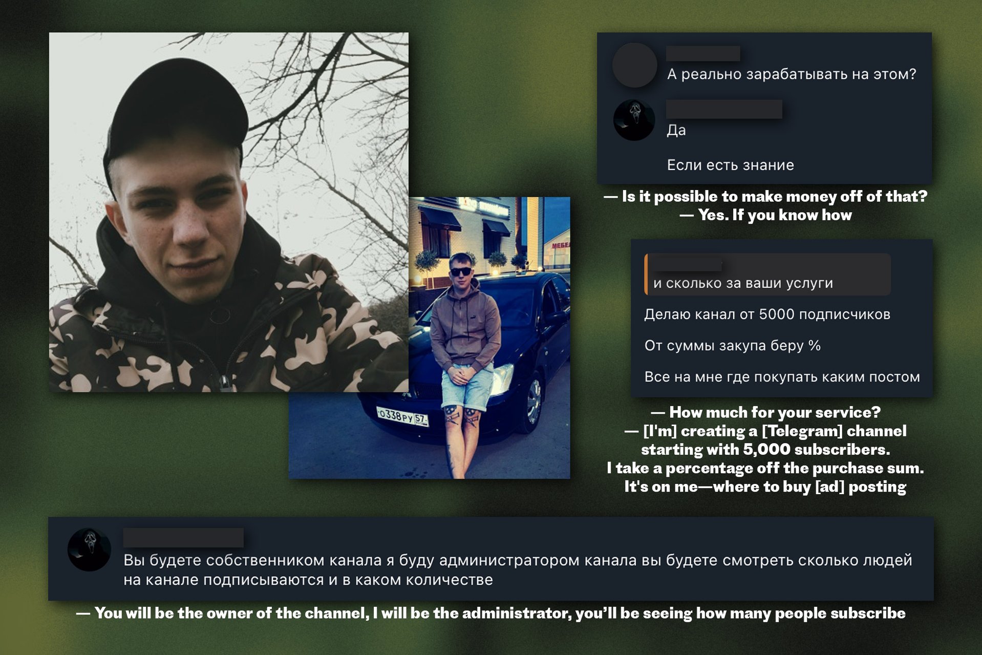 Nikita Semenov, snuff channels' advertising manager, and excerpts from his correspondence with iStories journalist who posed as a potential client