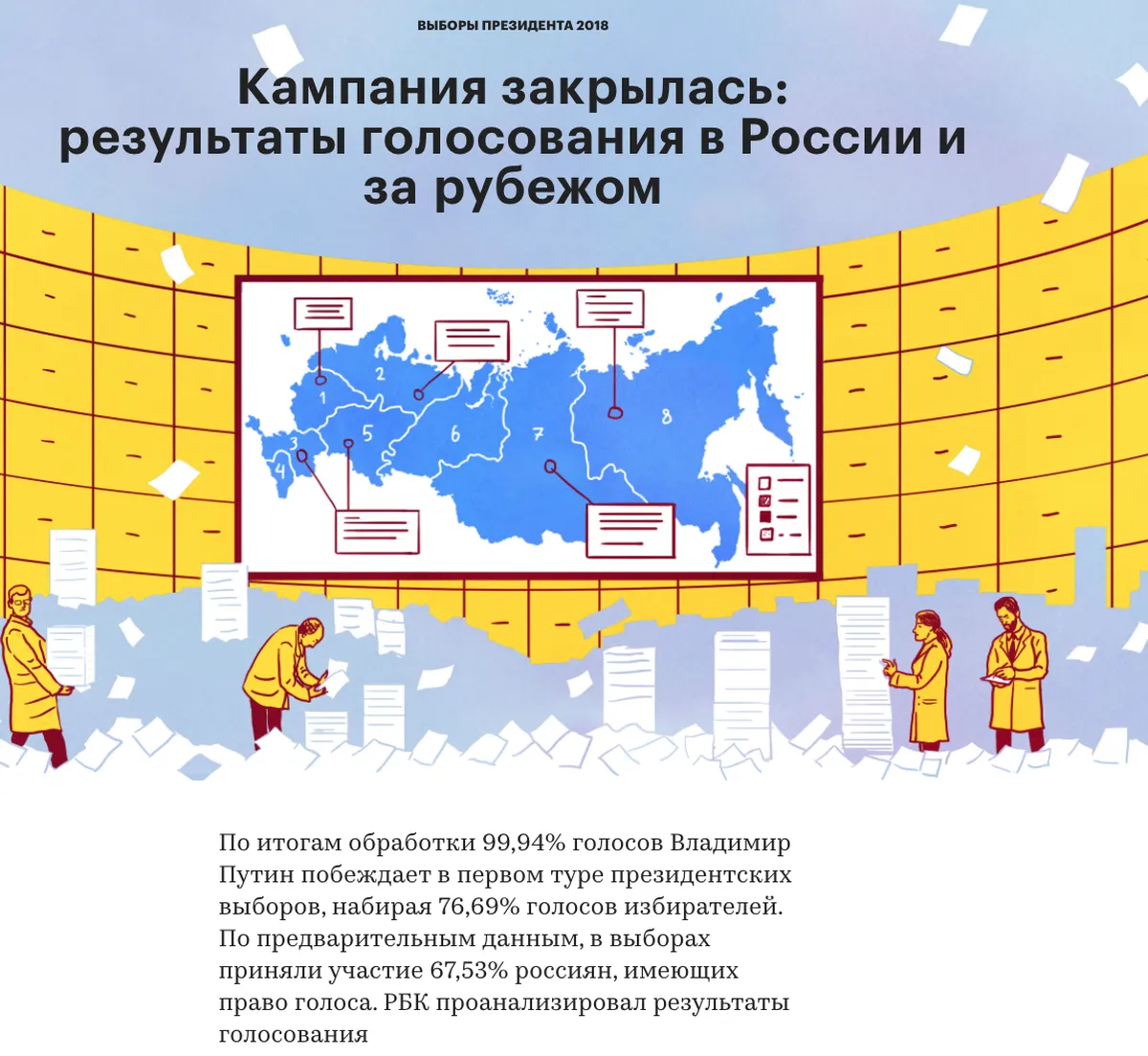 Обложка интерактивного проекта РБК об итогах выборов президента в 2018