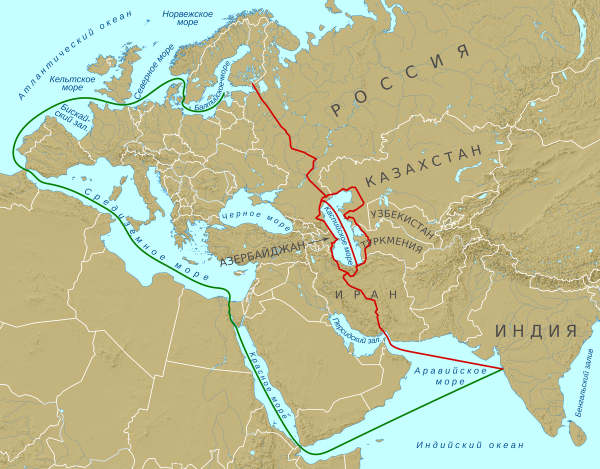 Зеленым обозначен обычный торговый путь в Индию, красным — коридор «Север – Юг». Последний короче и проходит через «дружественный» Иран  