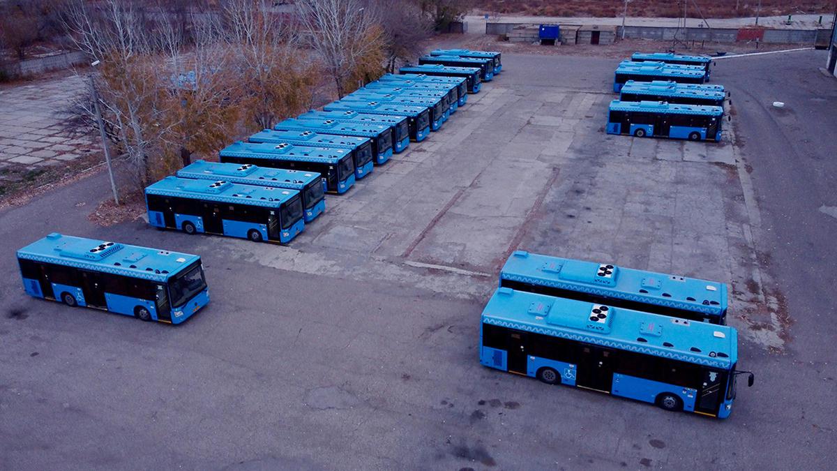 Parking lot with buses discharged from Moscow.