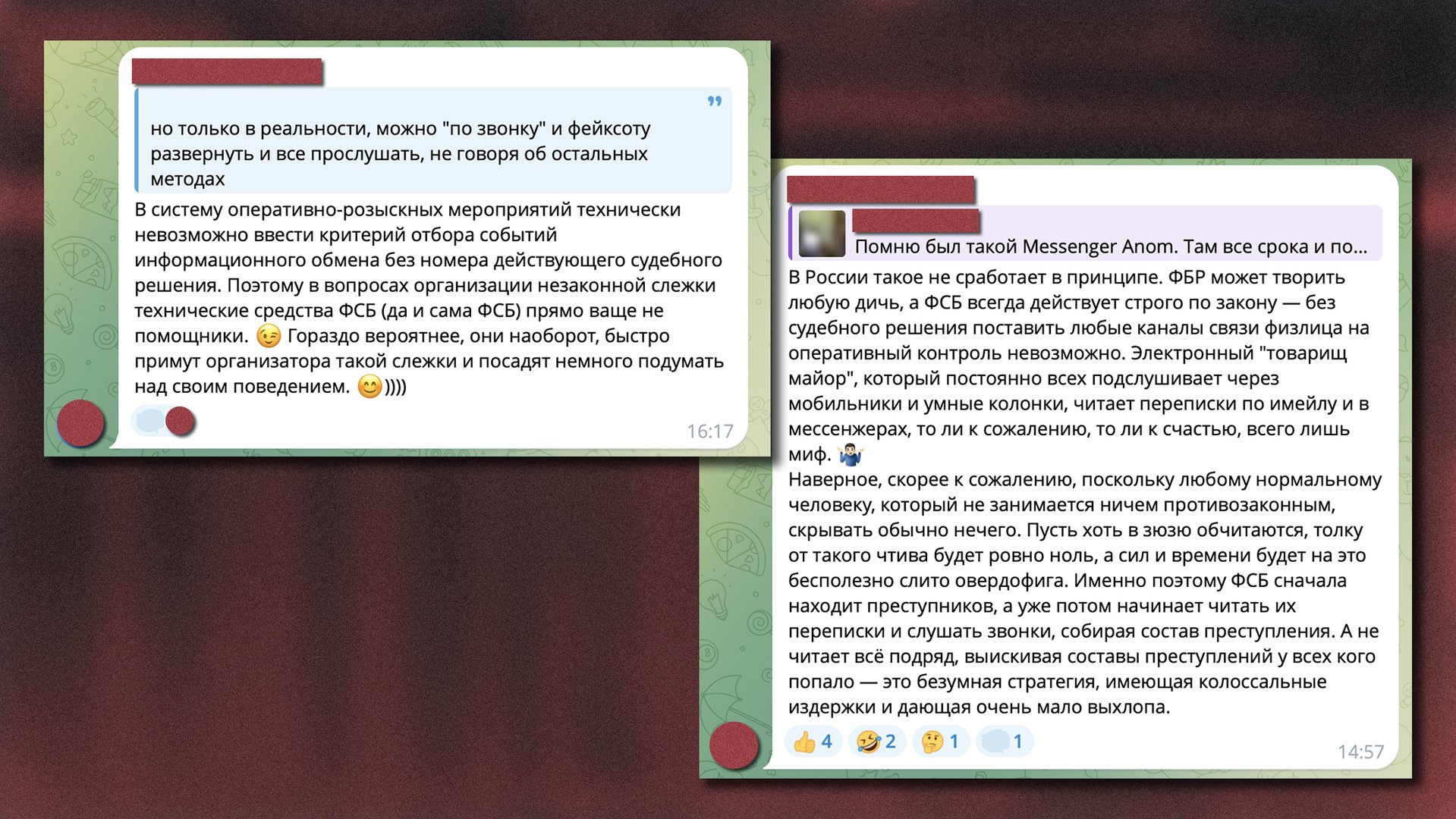 Сотрудник «Цитадели» убеждает соседей по чату: ФСБ всегда действует строго по закону