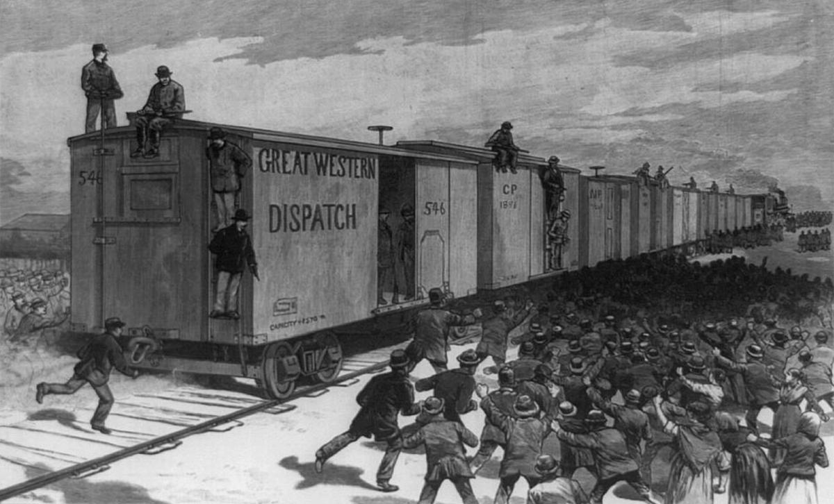 Великая забастовка железнодорожников. Штат, Иллинойс 1886 год. Гравюра из газеты Leslie's illustrated newspaper