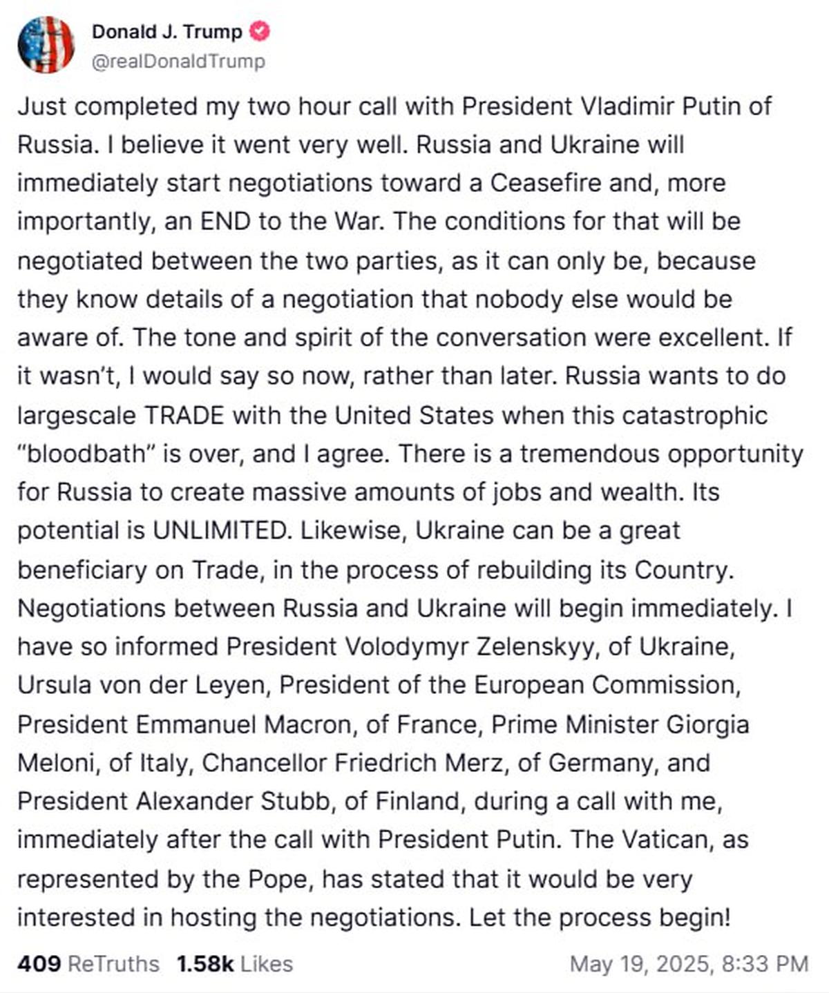 Заявление Трампа по итогам разговора с Путиным