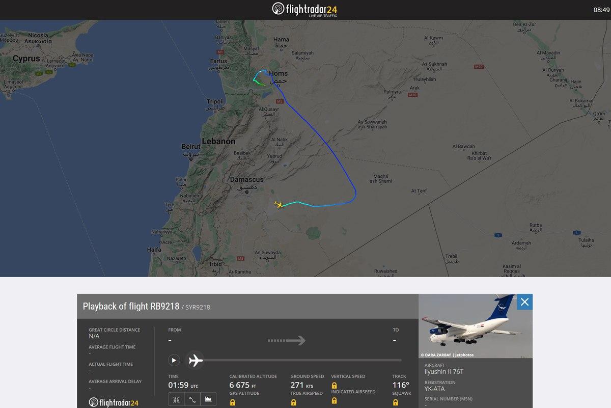 Маршрут самолета, на котором предположительно летел Асад