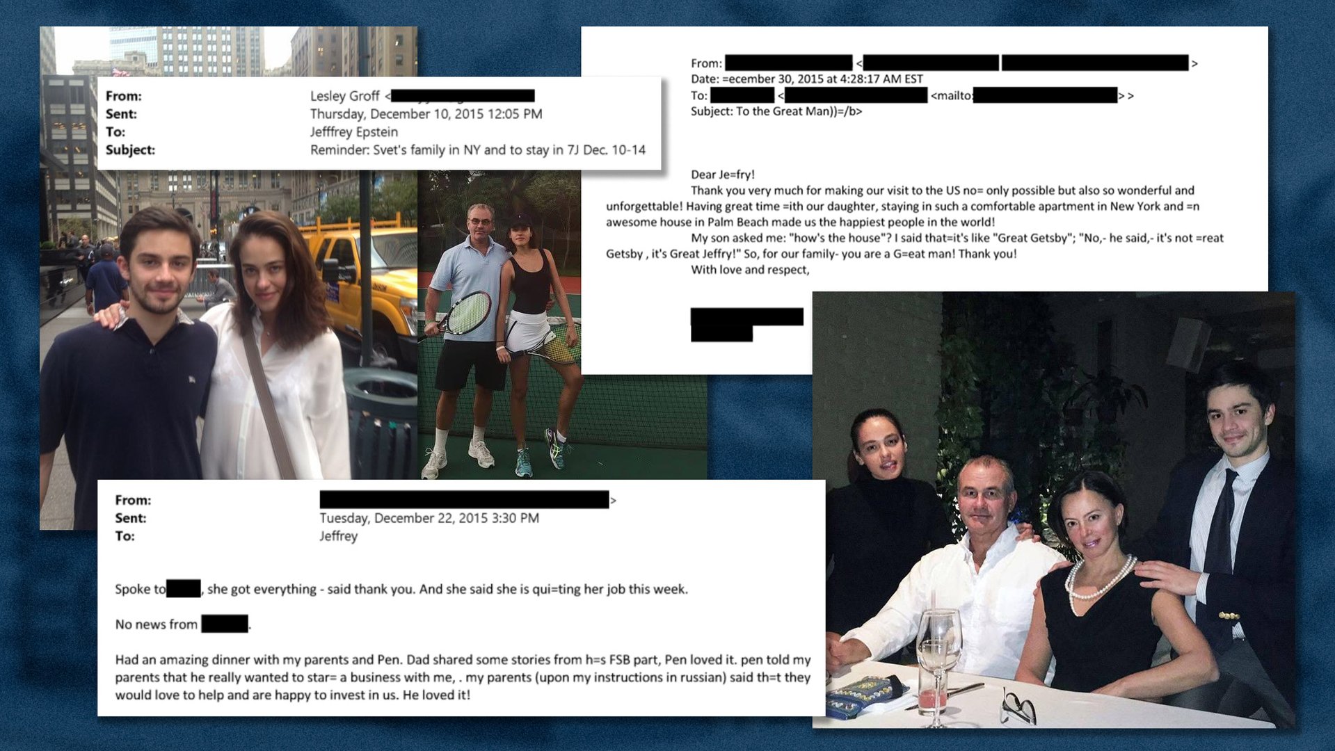 From left to right: Lana with her brother Sergei in New York; Lana with her father; Lana, Yuri, Irina, and Sergei Pozhidaev at the table