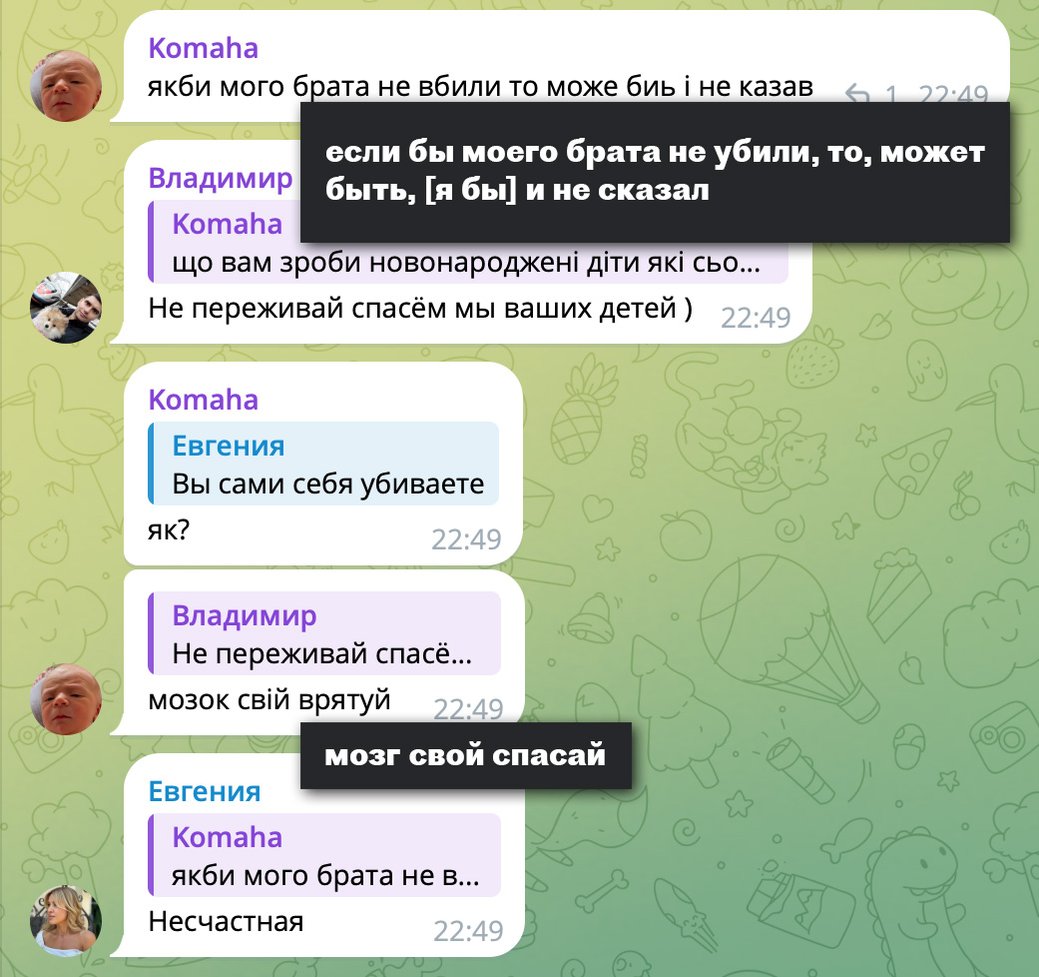 После ночной атаки российской армии по Киеву 27 декабря 2025 года, в результате которой получили ранения 22 человека, включая двоих детей, в чат канала «*** жесть, СВО» зашел пользователь, который задал участникам вопросы на украинском