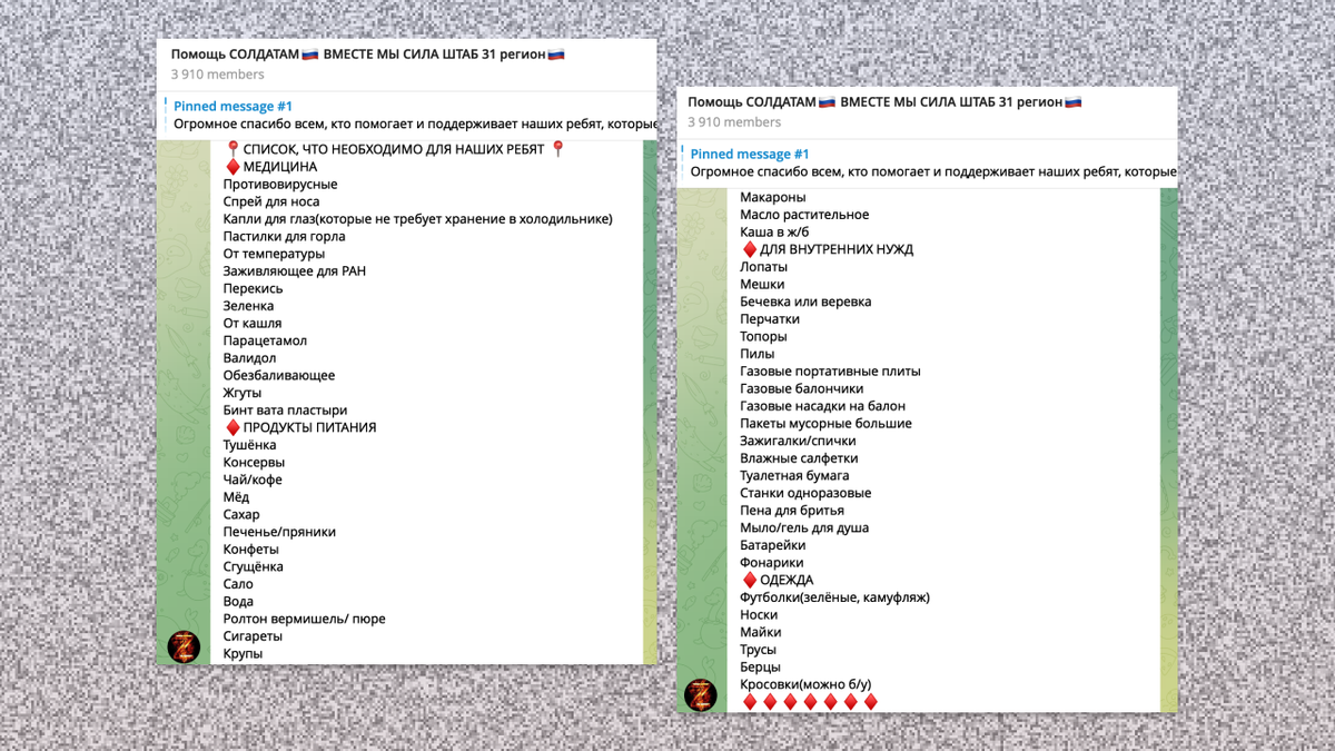 Подробный список бытовых вещей, которых не хватает военнослужащим России,  опубликованный в одном из Telegram-чатов