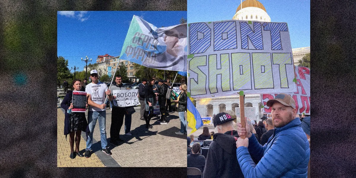 Андрей Лаврентьев на митинге в Хабаровске в 2021 году и на антивоенном протесте в Америке в 2022 году