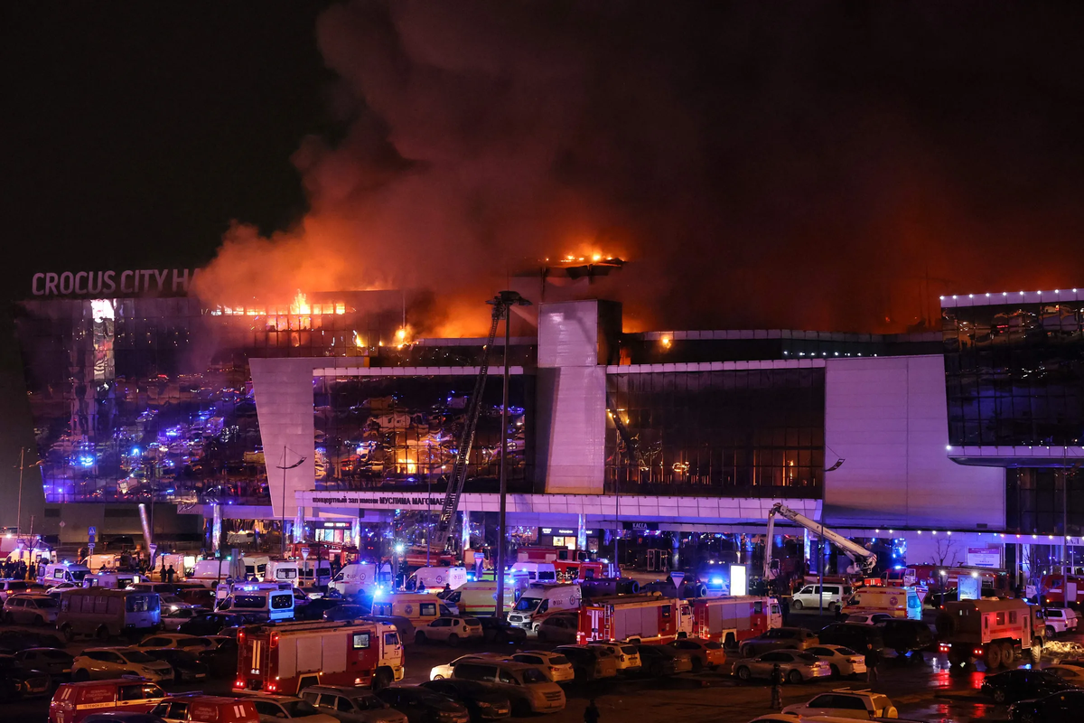 Fire at Crocus City Hall after the terrorist attack. Moscow, March 22, 2024
