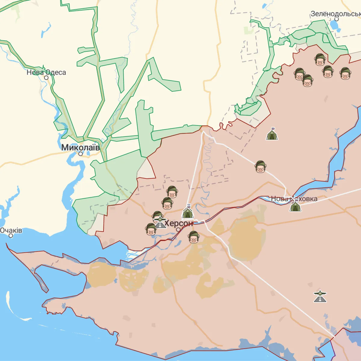 Военные действия в районе Херсона. Зеленым окрашены территории, освобожденные ВСУ, красным — оккупированные ВС РФ