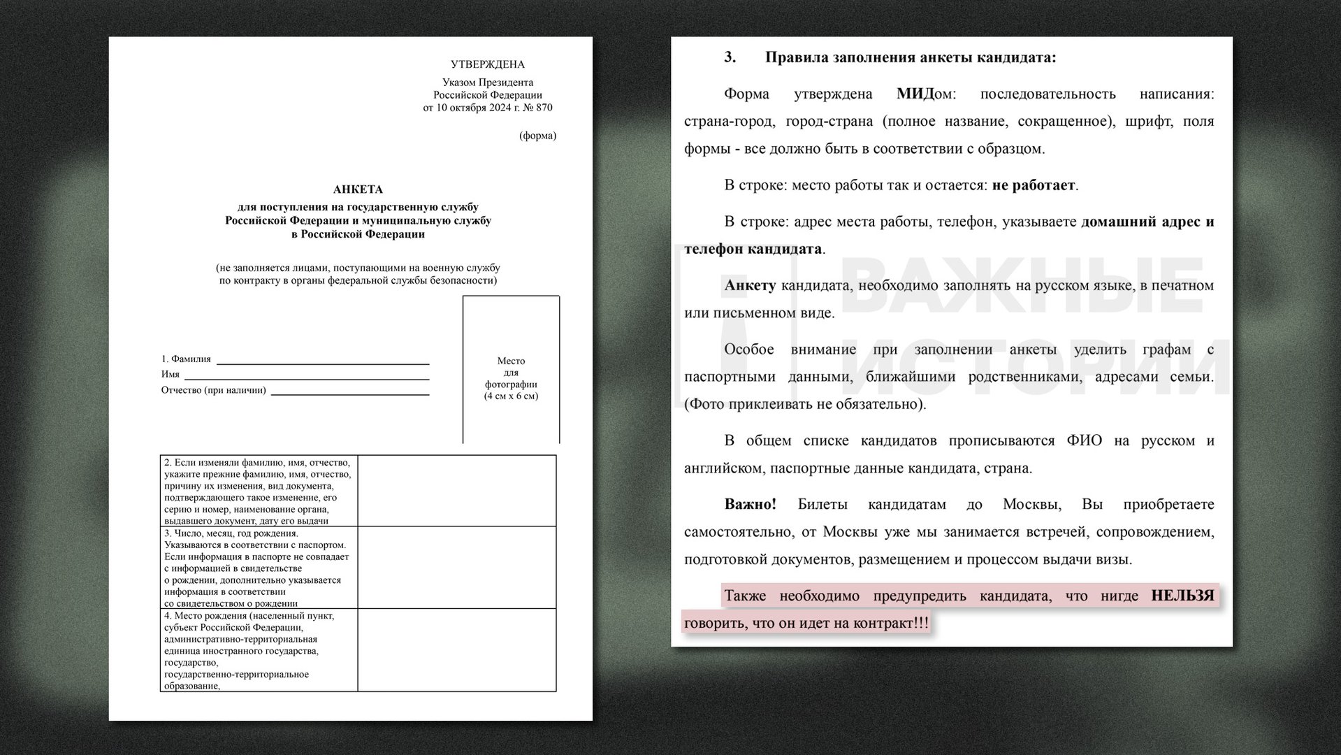Анкета о поступлении на государственную и муниципальную службу и фрагмент внутренней инструкции «Воеводы» по рекрутингу иностранцев