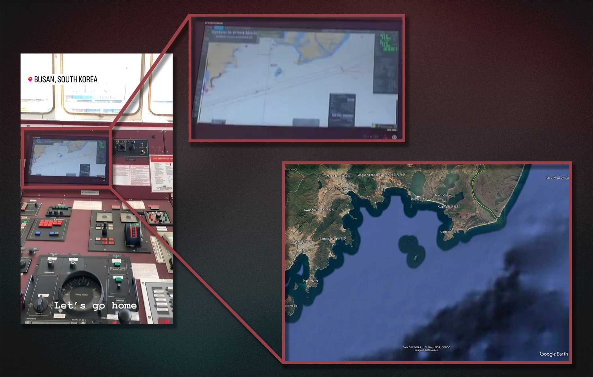 The navigation screen captured the filming location off the coast of the DPRK, near the Russian border