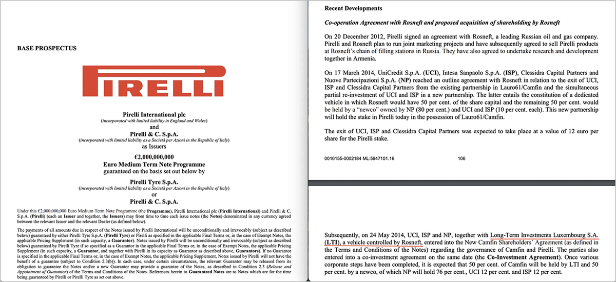 Официальный документ Pirelli, в котором сказано, что люксембургскую компанию Long Term Investments Luxembourg, получившую долю в Pirelli, контролировала «Роснефть»
