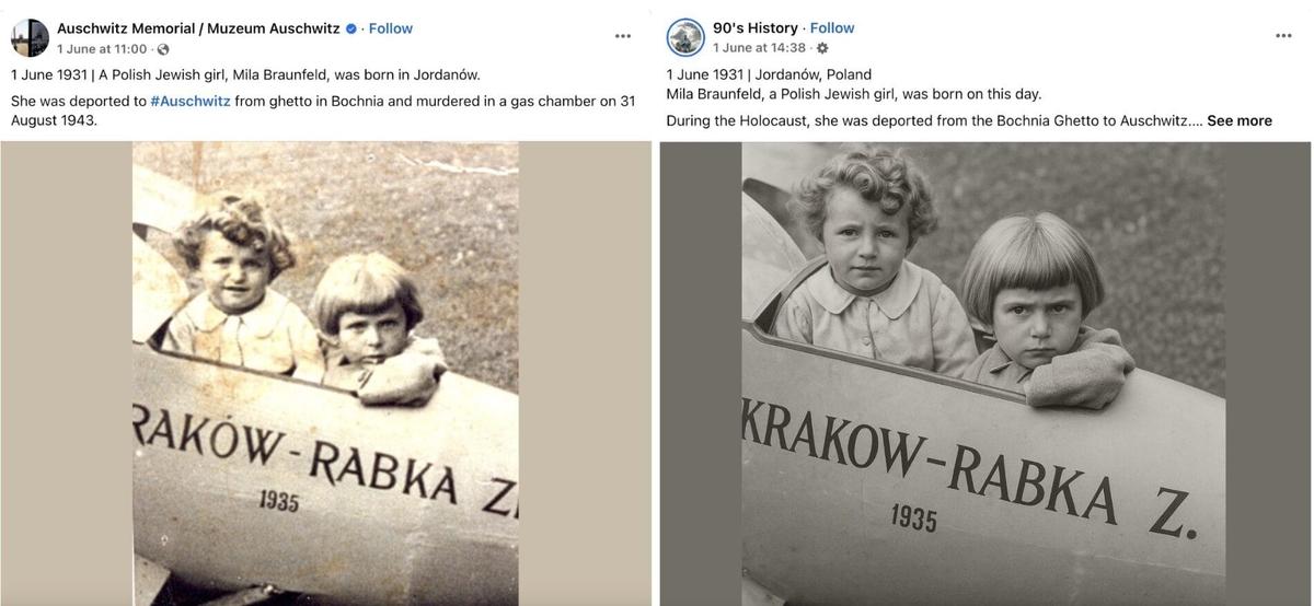 Слева — скриншот поста на странице музея Аушвиц-Биркенау, справа — скриншот поста с той же информацией, но обработанной фотографией