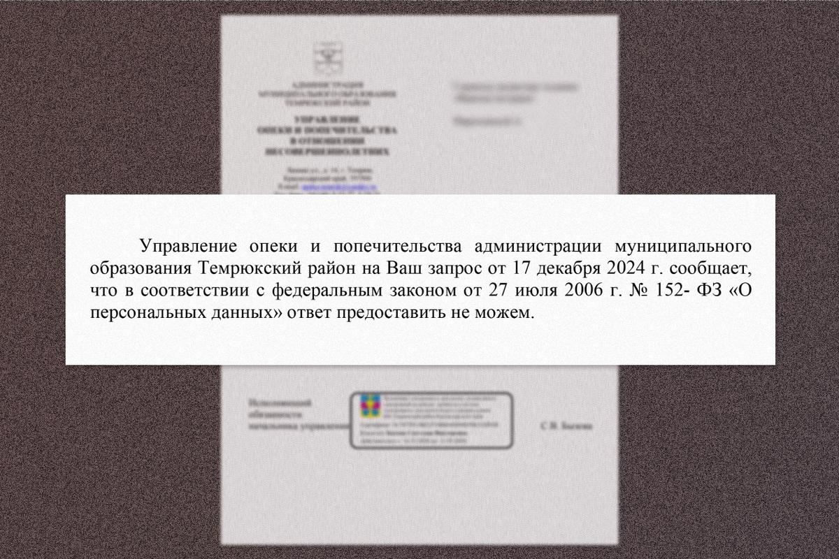 Ответ управления опеки и попечительства Темрюкского района Краснодарского края на запрос «Важных историй» с просьбой пояснить обстоятельства гибели Саши Якущенко, вывезенного из Украины