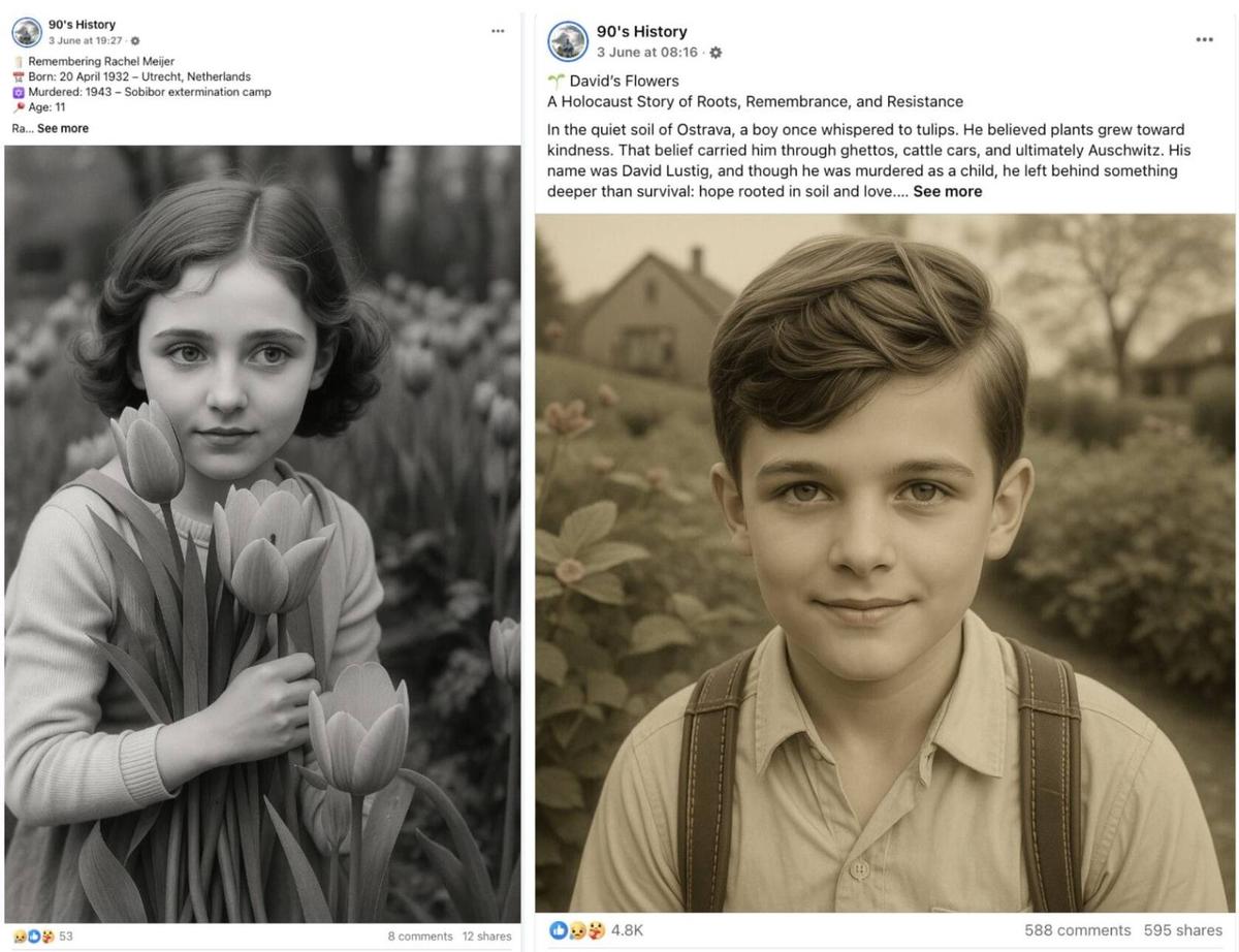 Два ИИ-поста о детях — жертвах Холокоста, опубликованные на странице 90's History в один день